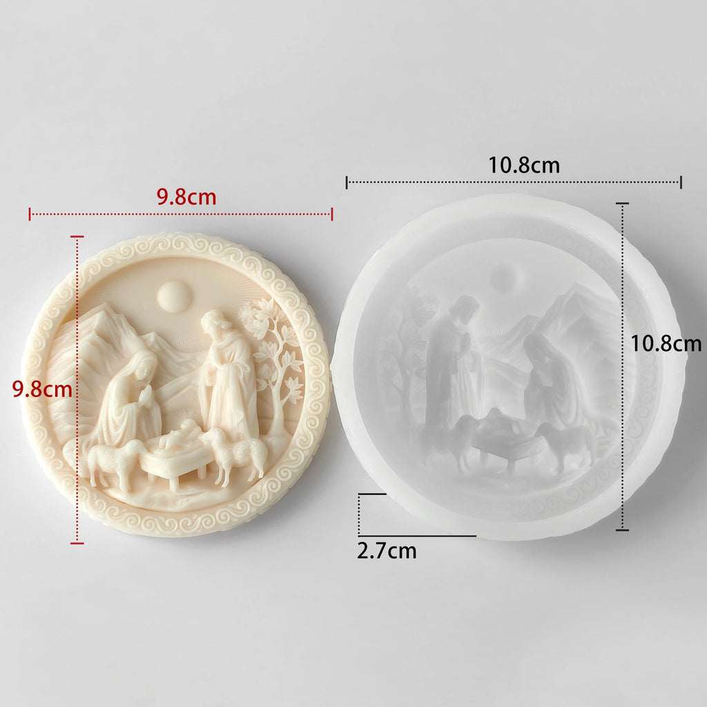 3D Nativity Scene Mold, Round Silicone Jesus Birth Candle Mould, Resin Fondant Gypsum Plaster Wax Soap Chocolate Crafting DIY Oasis Select A