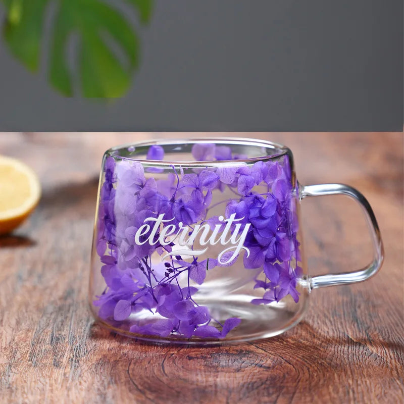 200ml Double Walled Glass Mug Cup Coffee Mug with Dry Flowers Decorative Creative Flower Mug Home Water Cup Drinking Glasses Oasis Select Purple 200ml