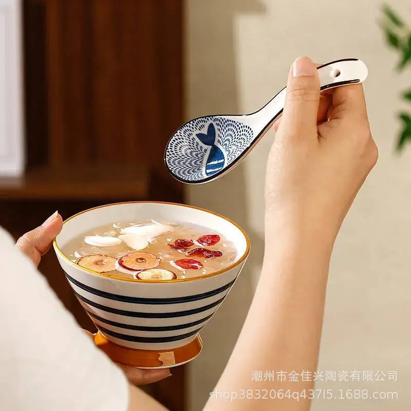 Japanese-style Small Blue And White Ceramic Spoon With Underglaze Decoration, Extended Length For Soup And Noodle Serving Oasis Select