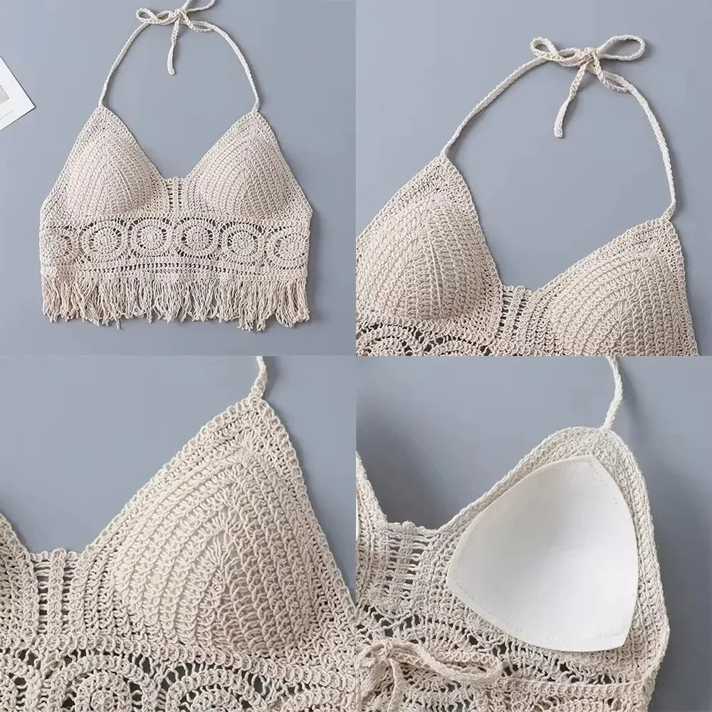 Women's Boho Fringe Backless Halter Tie Neck Underwear Outerwear with Neck Hanging Embroidery Tassel Suspender Vest Short Tank Oasis Select