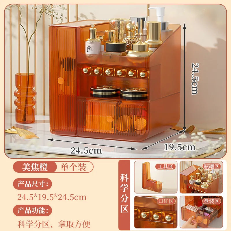 Large Cosmetic Storage Box Light Luxury Desktop Capacity Dustproof Storage Rack Household Vanity Lipstick Cosmetics Storage Box Oasis Select Small orange