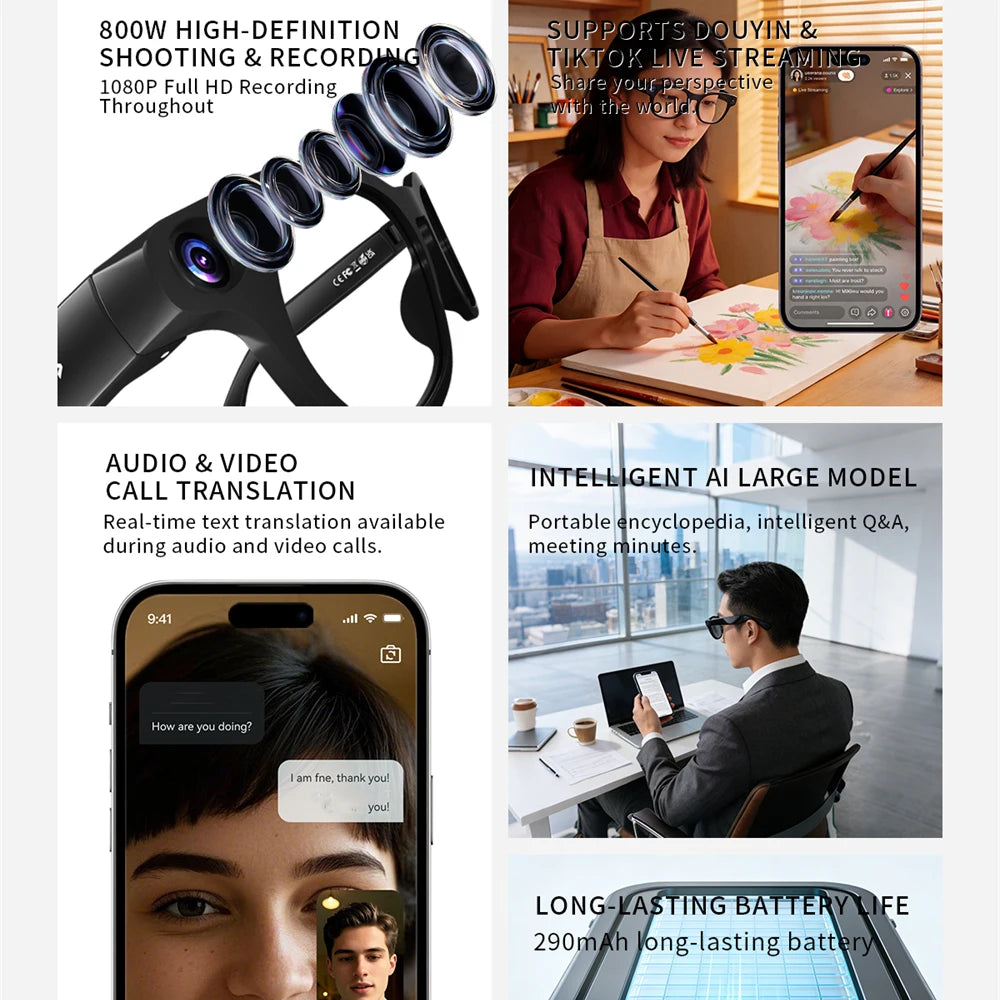 AI Smart Glasses 800W Shooting Camera HD Photo Video Voice Call Eyewear Men Lady Music Wireless Wearable Translation Waterproof Oasis Select