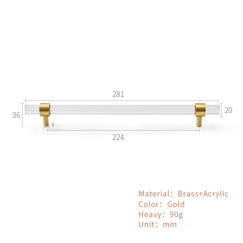 Brass Transparent Furniture Handles Modern Minimalist Acrylic Silver Gold Wardrobe Cupboards Dresser Drawer Kitchen Knobs Oasis Select A5-224mm