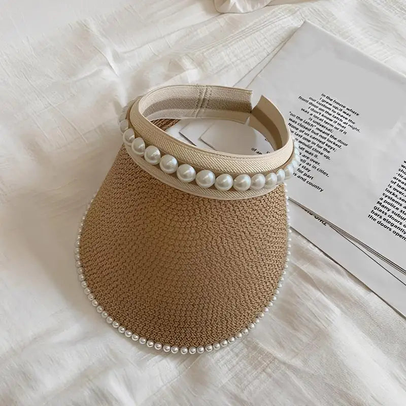 Summer Beach Straw Hat with Pearls for Women Wide Brim Open Crown Elegant Raffia Sun Protection Cap Holiday Essentials Oasis Select A3