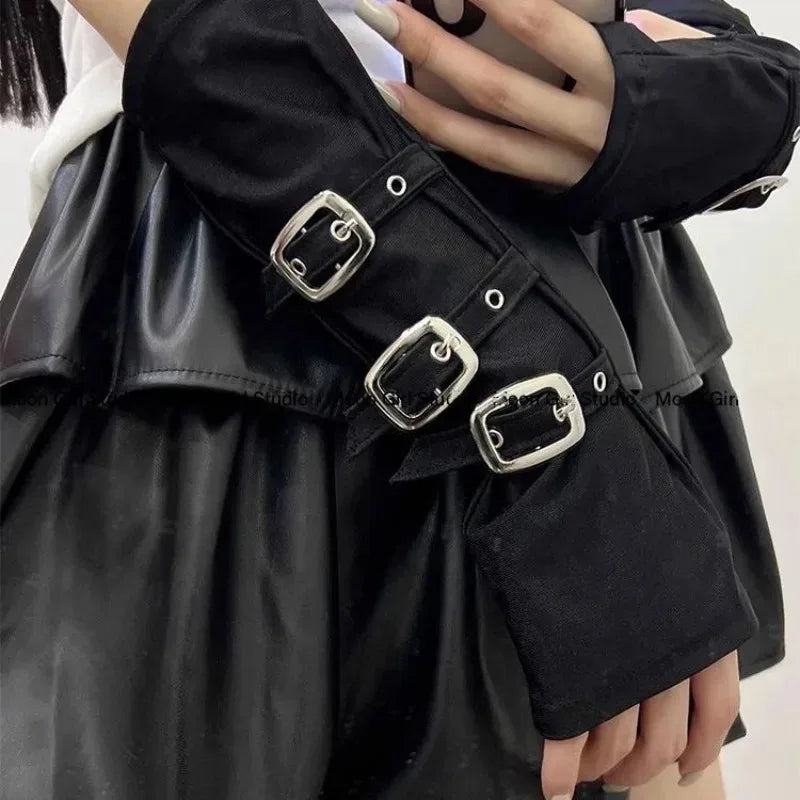 Wasteland Style Fashion Dopamine Black Abi Sleeve Set Women's Half Cut Open Finger Gloves Metal Buckle Dark Punk Ins Oasis Select