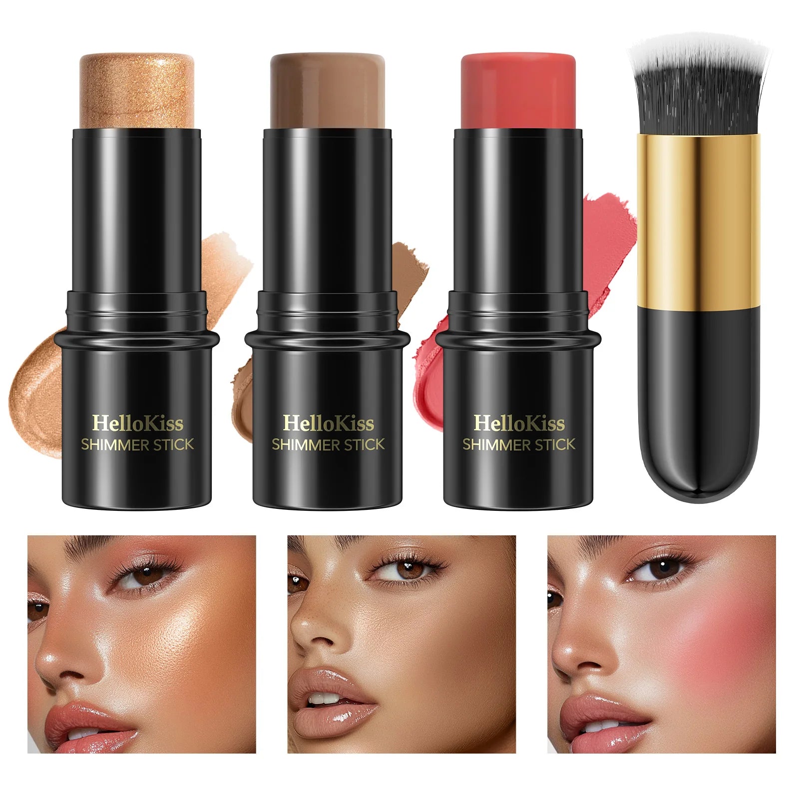 Hello Kiss 4-Piece Cream Contour Kit – Highlight, Blush & Brush