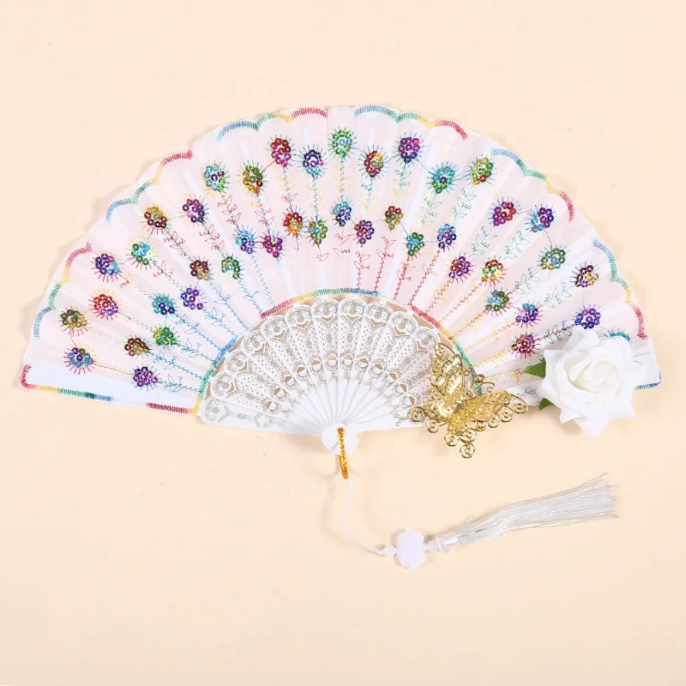 Sequin Embroidered Rose Lace Folding Fan with Tassel - Vintage European Handheld Fan for Cosplay Halloween Party Supplies Oasis Select Style 6
