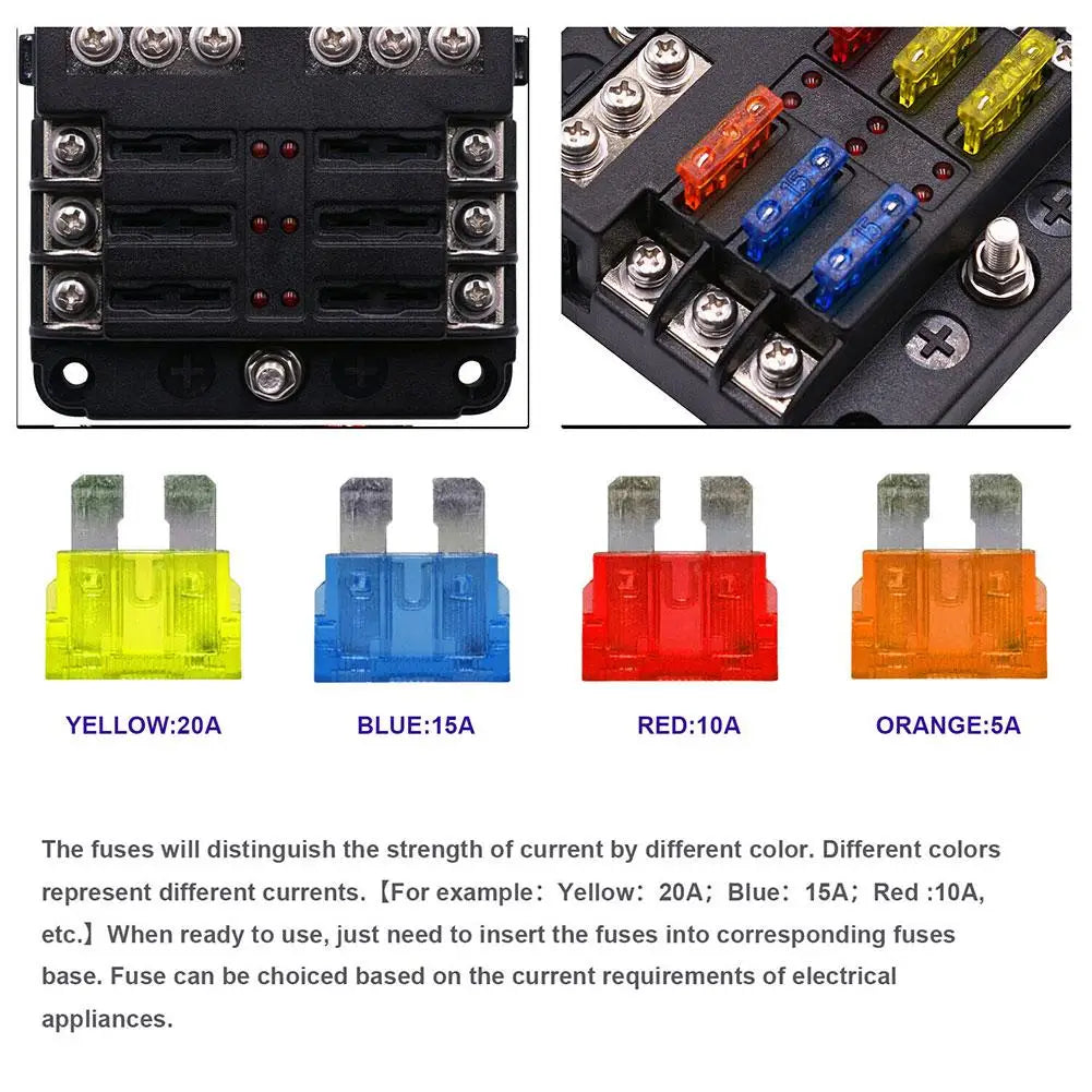 2025 NEW 6/12 Ways Fuse Box LED Warning Indicator 12V 32V Power Distribution Panel Car Boat Fuse Box Holder With Plastic Cover Oasis Select