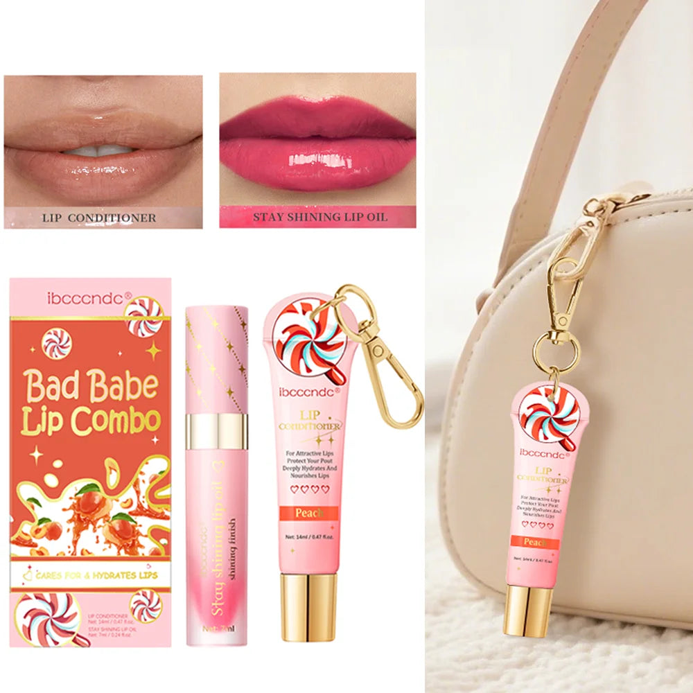 Lip Glosses Set Lip Duo Lip Gloss Combo with A Keychain Long Lasting Moisturizing Nourish Plumper Cosmetics Oasis Select