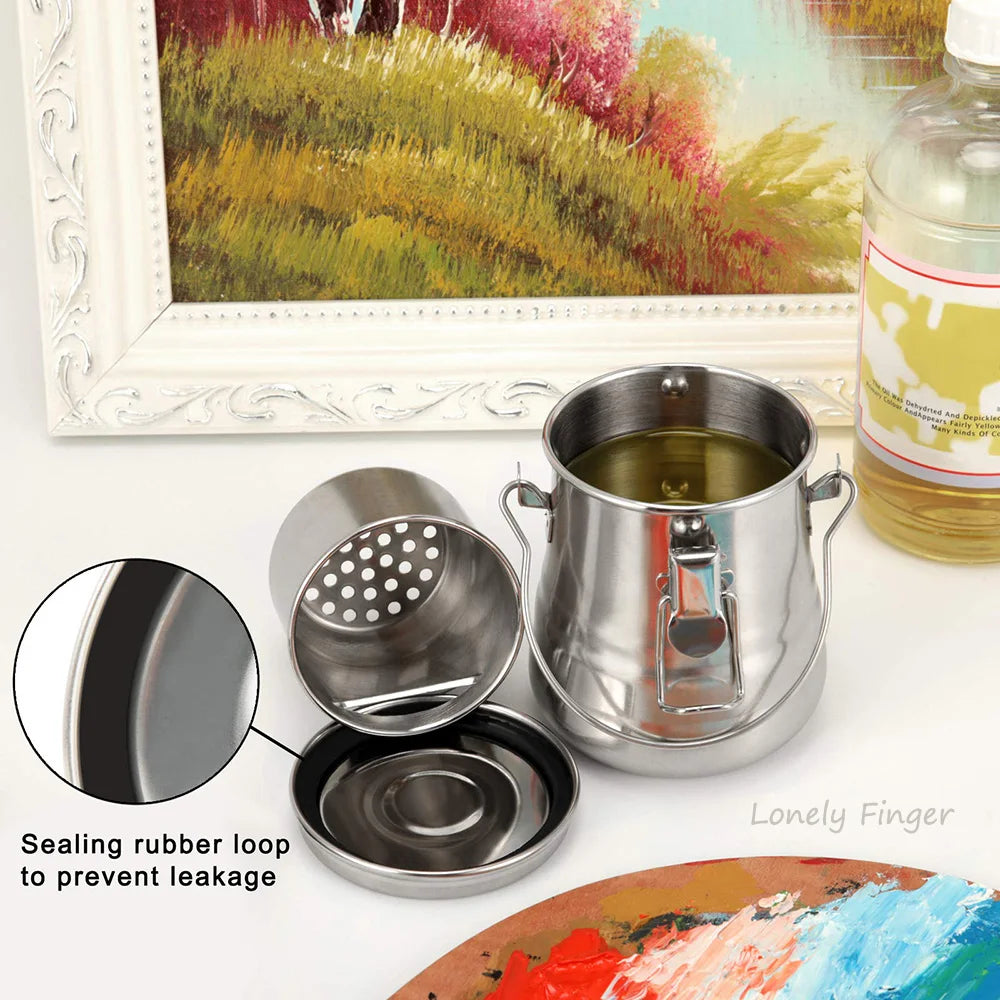 Oil Paint Brush Washer Portable Stainless Steel Leak-Proof Paint Brush Artist Washer with Lid and Filter Screen for Oil Painting Oasis Select