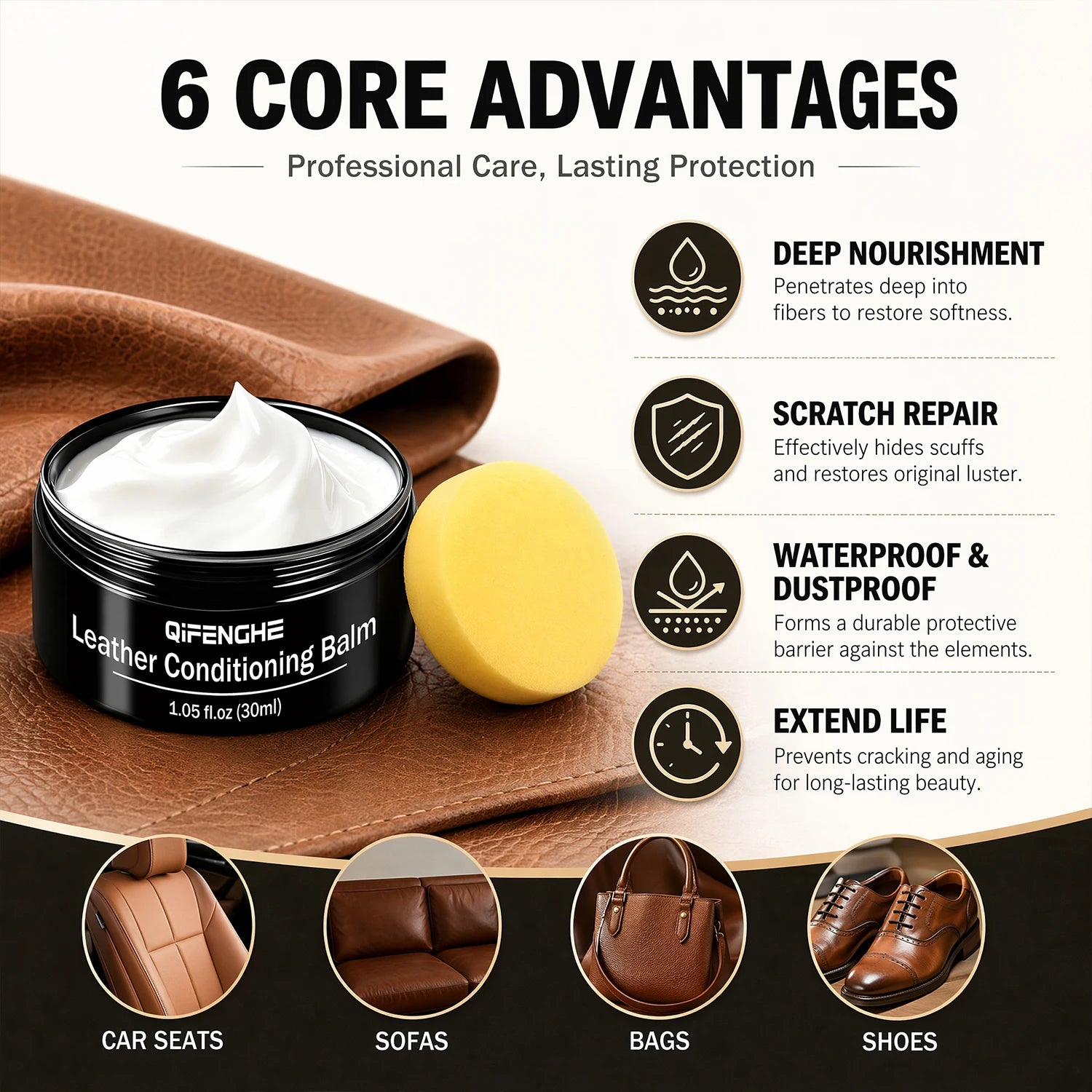 Leather Conditioning Balm Kit with Sponge – Softens & Buffs