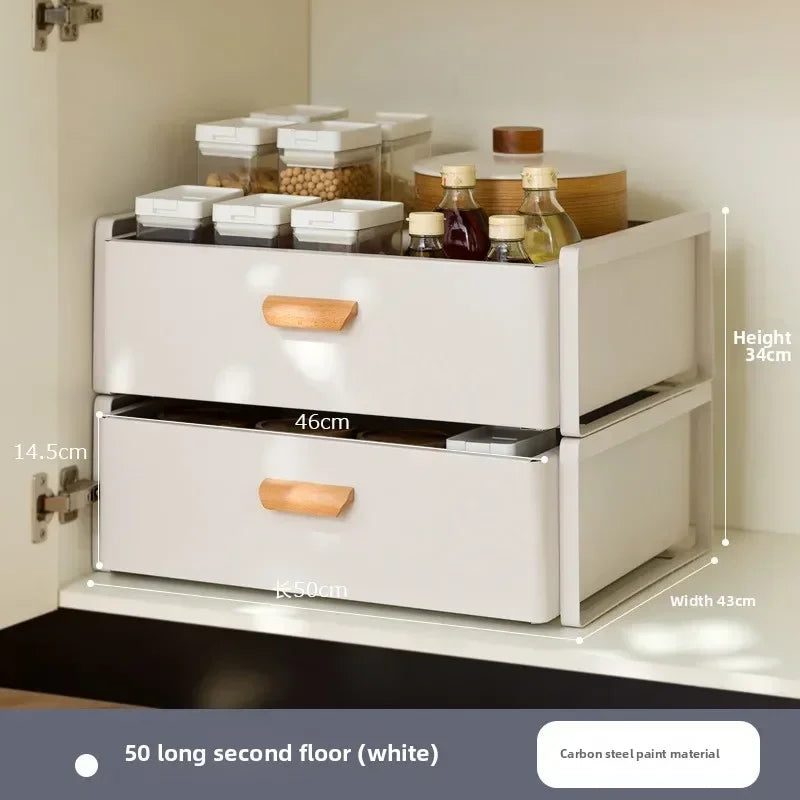 Multi-functional Kitchen Lower Sink Shelf Seasoning Dishes Pull-out Storage Box Sink Storage Rack Cabinet Pull Basket Layer Rack Oasis Select White A-2-50