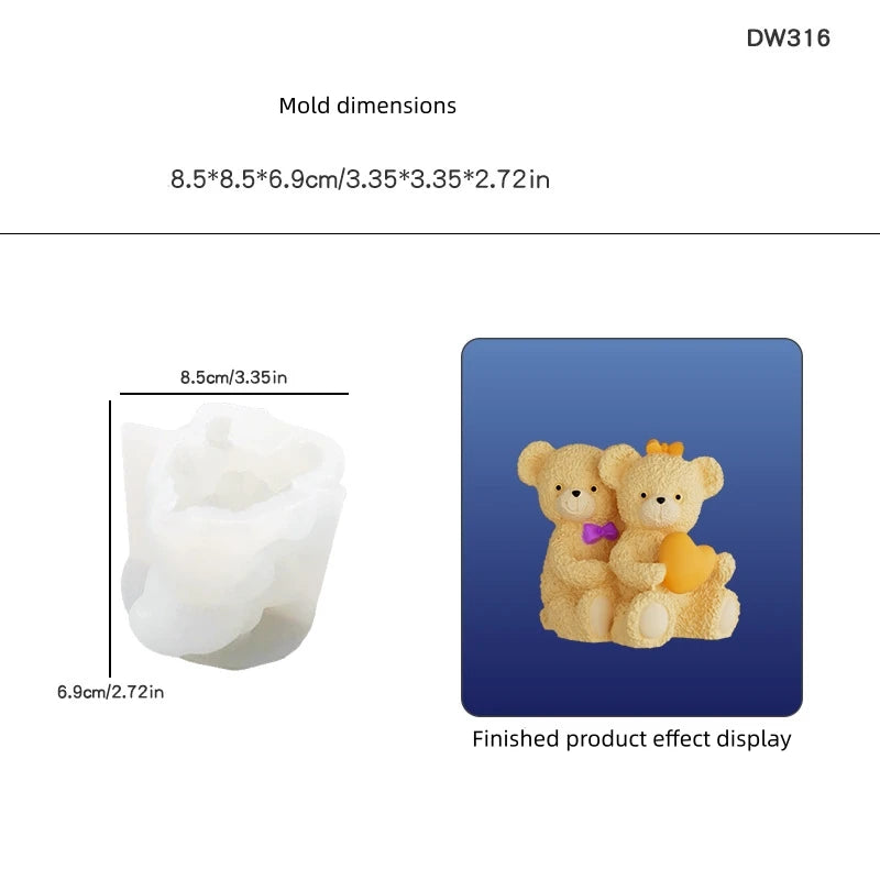 Valentine's Day Gift 3D Teddy Bear Couple Silicone Candle Mold Hugging Bear Couple Shape Epoxy Resin Mold Soap Making Tool Decor Oasis Select DW316