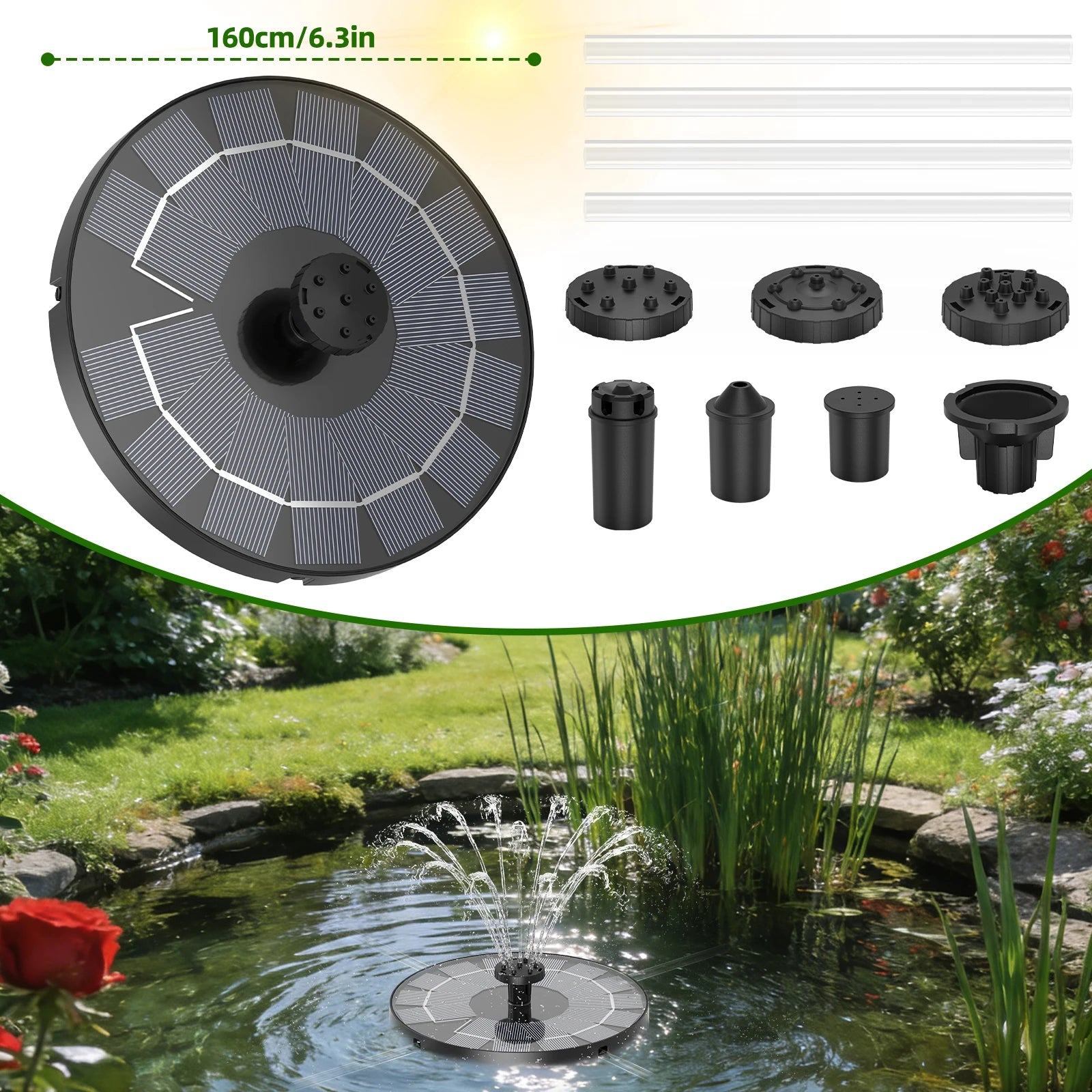 2.5W Solar Fountain,Durable Water Fountain,with 6 Nozzles 4 Anti-Collison Bars,Perfect Outdoor Decoration for Garden Pond Pool Oasis Select 1pc-2.5W