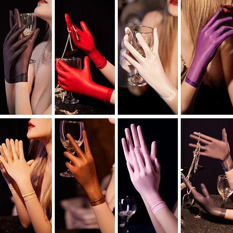 Women Oil Glossy Tight Stocking Gloves Sexy High Elastic Transparent Ultra-Thin Clubwear Short Wrist Gloves Oasis Select