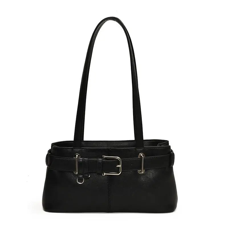 Vintage Solid Color Tote Bag Large Capacity Shoulder Handbag for Women Commute Shopping Daily Use Oasis Select Black
