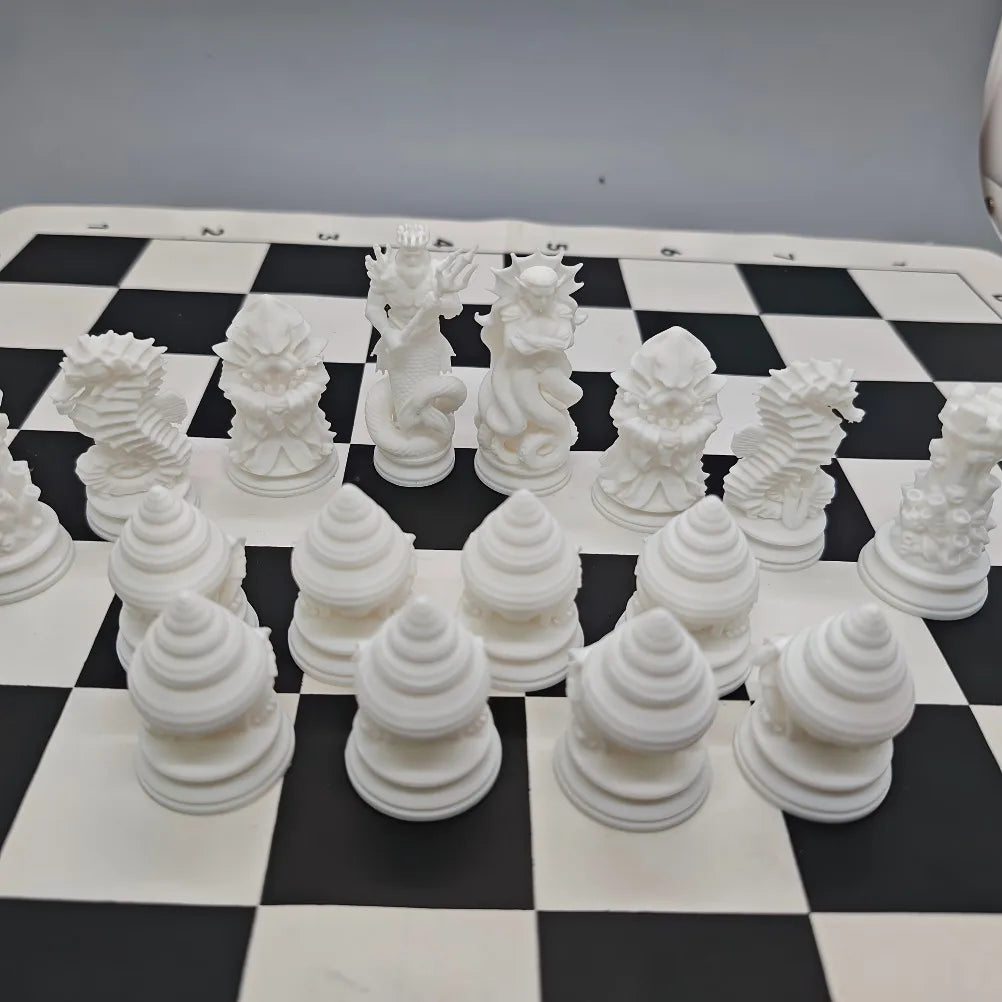 16PCS Ocean Myth Chess Figurines 3D Printed Deep Sea Theme Chess Set Coral Sculpture Tabletop Game Decor Desk Art Ornament Oasis Select