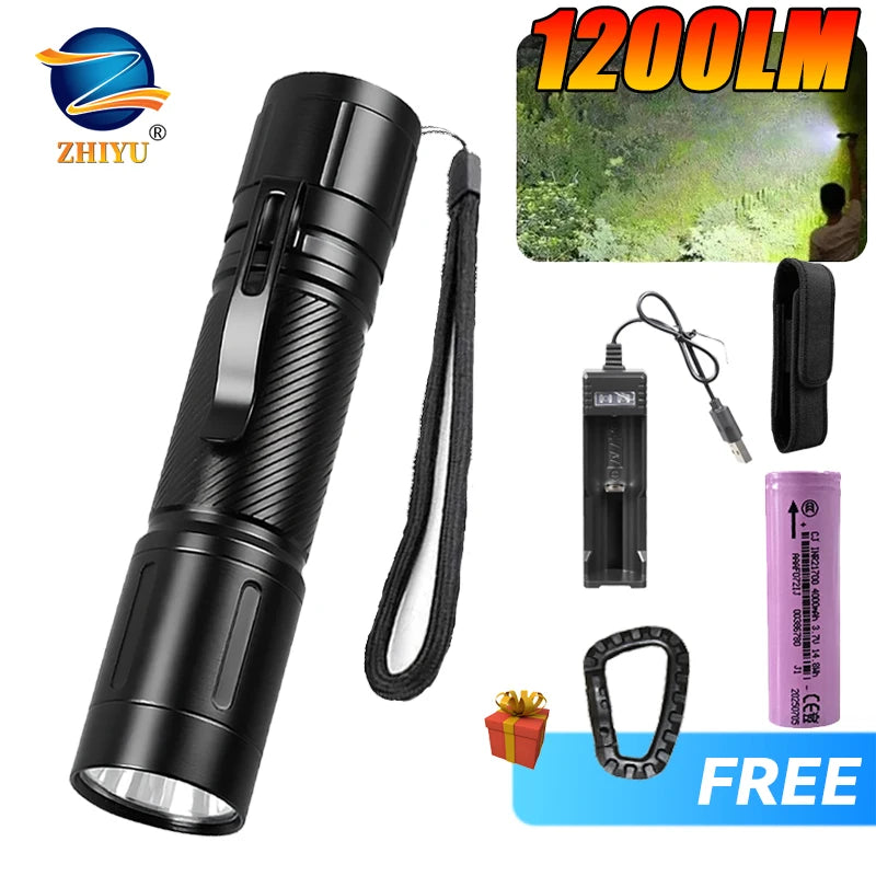 1200LM Aluminum Alloy LED Flashlight Pen Clip Head Torch Super Bright Spotlight Fishing Flashlight with 21700 Battery As A Gift Oasis Select