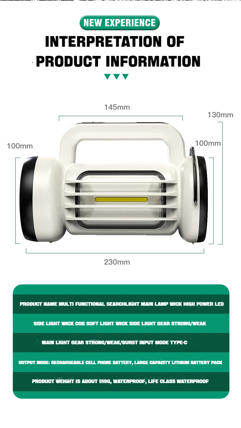 Super Bright LED Work Light Handheld Flashlight Rechargeable Searchlight Power Bank Function Torch Spotlight New Oasis Select