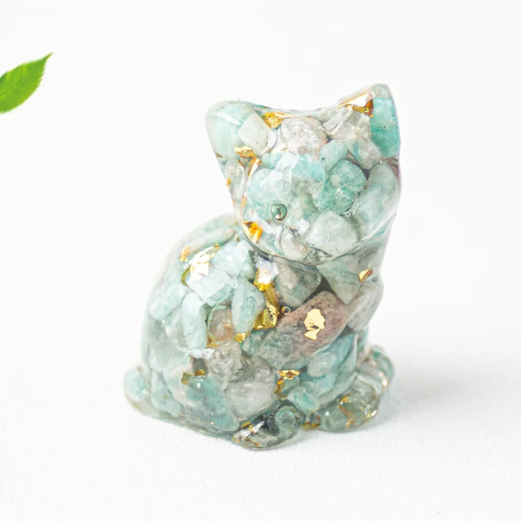 Natural Crystal Gravel Resin Sitting Turning Face Cat Figurine With Gold Foil Cute Desktop Decor For Home Office Oasis Select Light Cyan
