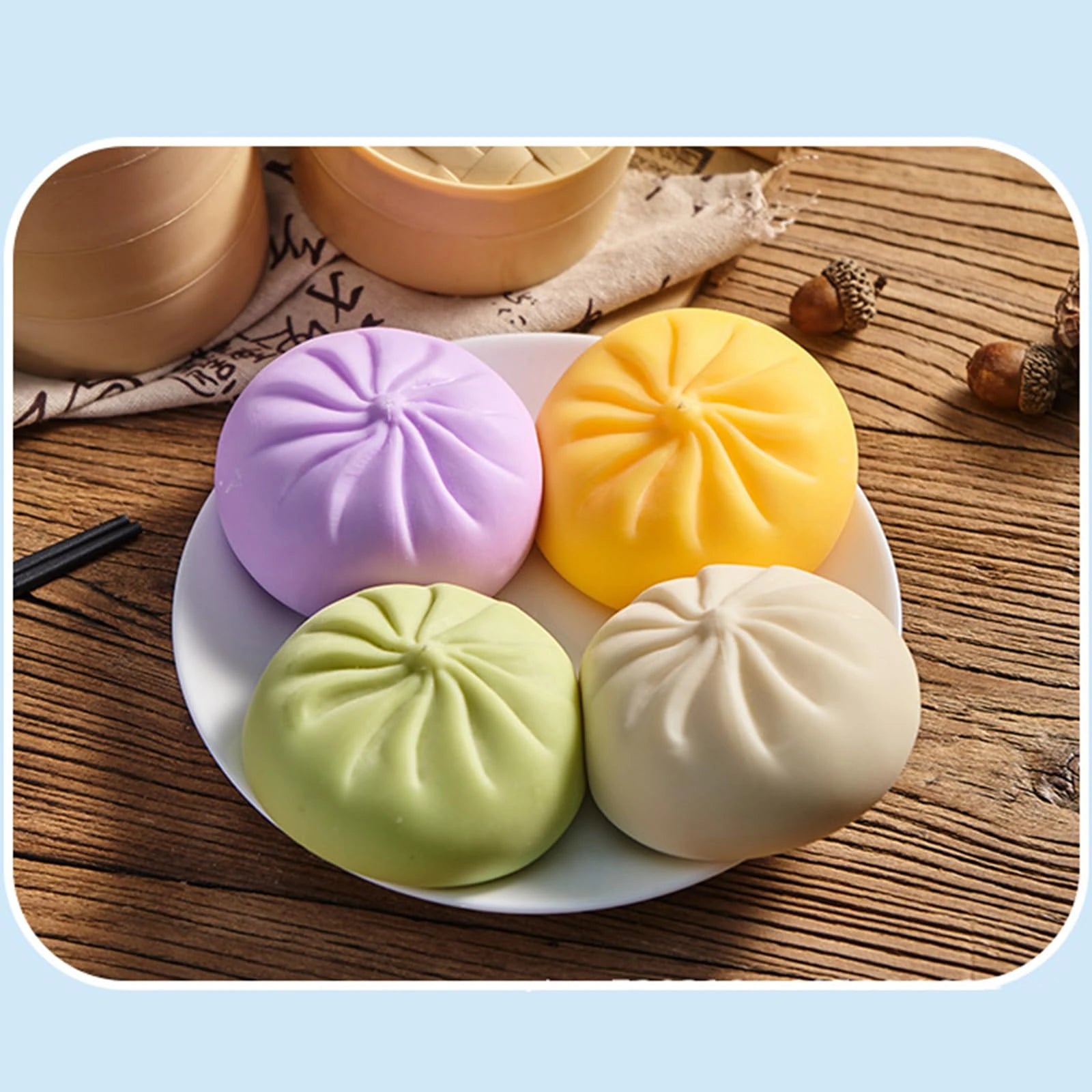 Colorful Dumpling Squishes Stress Balls Fidget Sensory Toys Simulation Food Squishies Bun with Steamer Squeeze Dough Ball Gifts Oasis Select