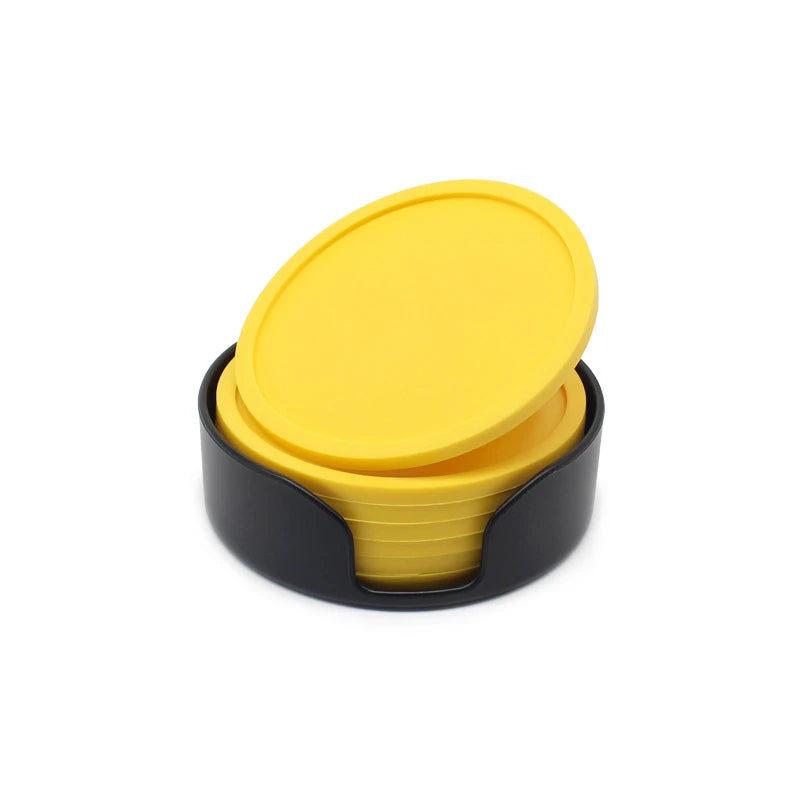 6pcs Non-slip Silicone Drinking Coaster Set Holder Cup Coaster Mat Set Round Coffeee Cup Mat Set Black Tabletop for Home Kitchen Oasis Select Yellow 6 mat and 1 bracket Round