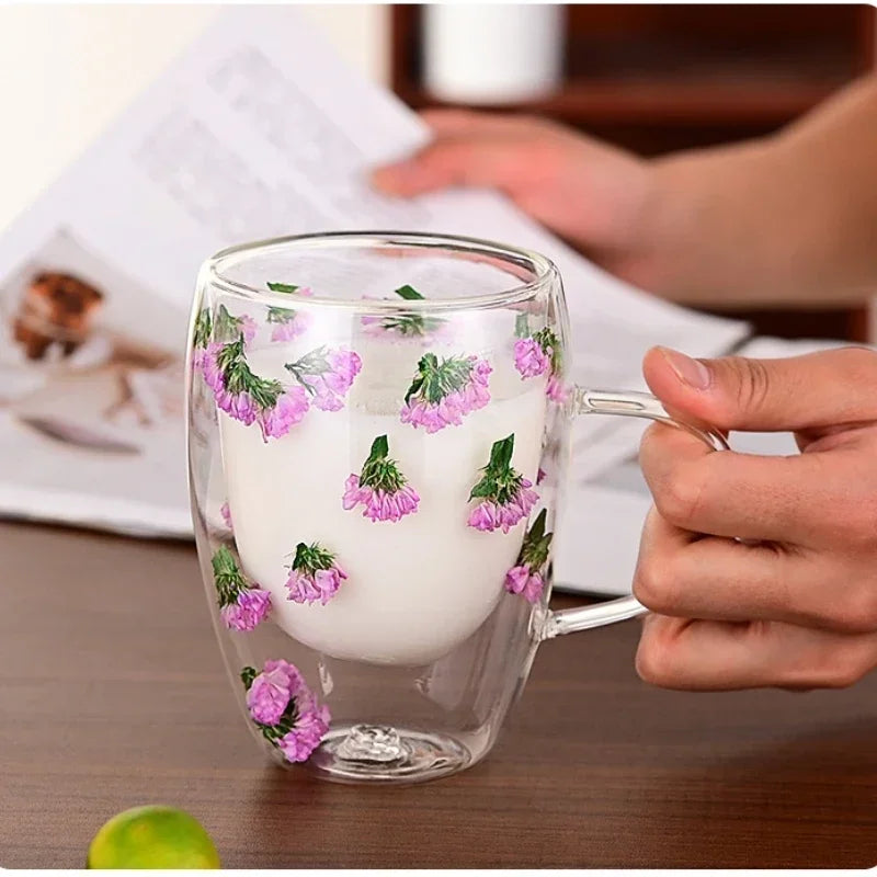 1PCS 300ml Double Wall Glass Cup with Handle Dried Flower Decorated Ins StyleDurable Coffee Milk Mug Heat Resistant Tea Cups Oasis Select