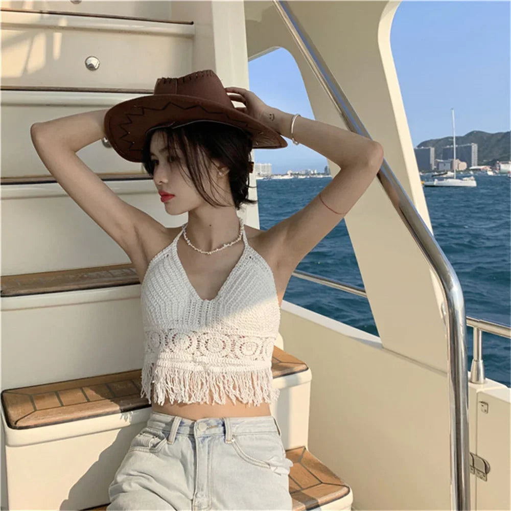 Women's Boho Fringe Backless Halter Tie Neck Underwear Outerwear with Neck Hanging Embroidery Tassel Suspender Vest Short Tank Oasis Select