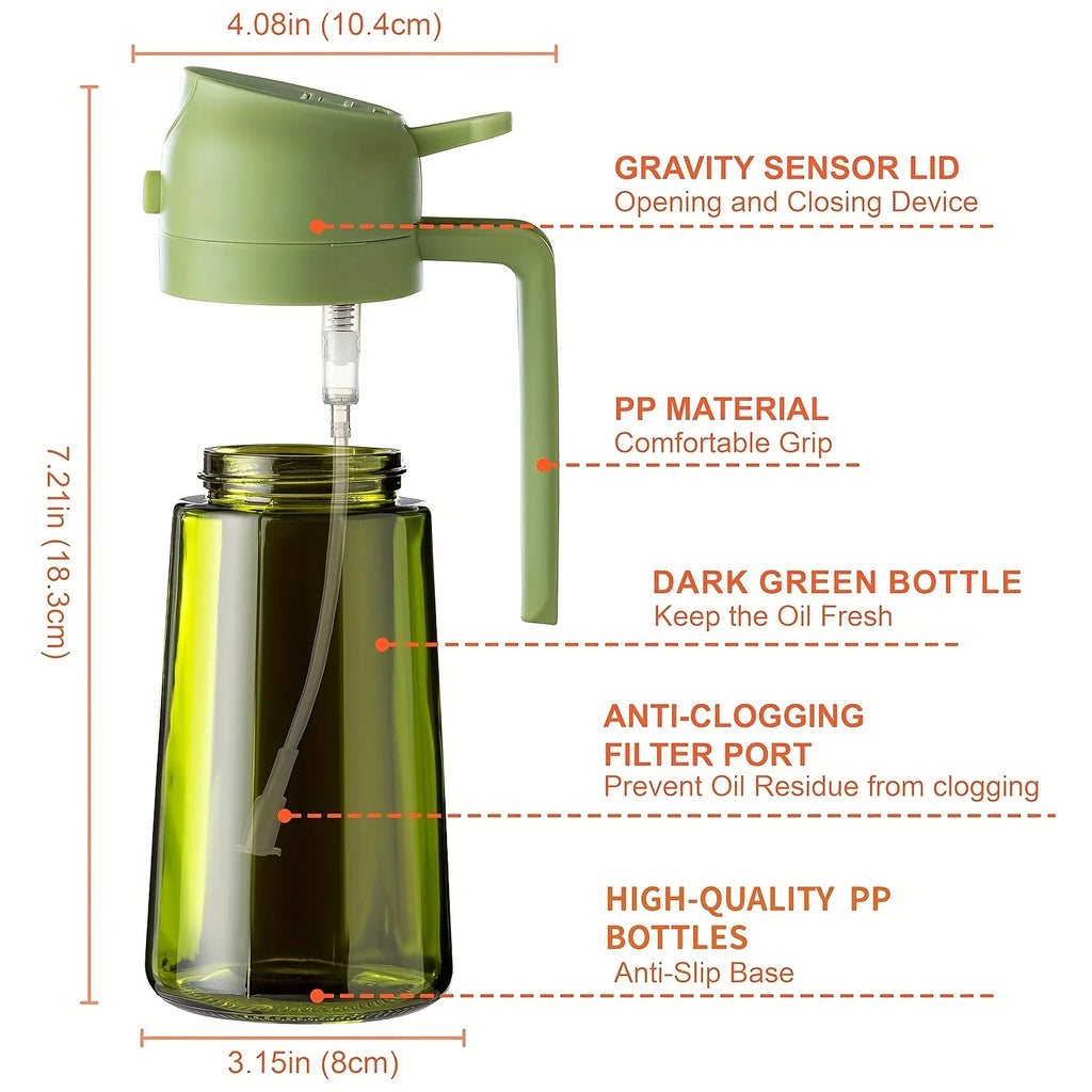 1pc 2-in-1 Olive Oil Dispenser & Sprayer, 16oz/470ml Dark Green Bottle, Durable Plastic with 6 Stickers, Kitchen Cooking Gadget Oasis Select