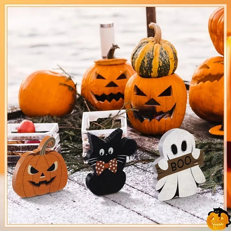Three-piece Halloween wooden table decorations, black cat, pumpkin and ghost, for the center of the party table decoration Oasis Select