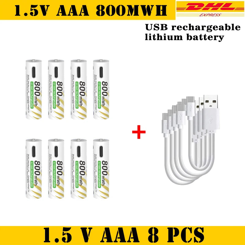 AAA and AA Rechargeable Batteries USB Lithium-ion 3400mWh 1.5V AA Rechargeable Batteries+800mWh 1.5V AAA Battery+ Type-C Cable Oasis Select 1.5V AAA 8pcs-Cable