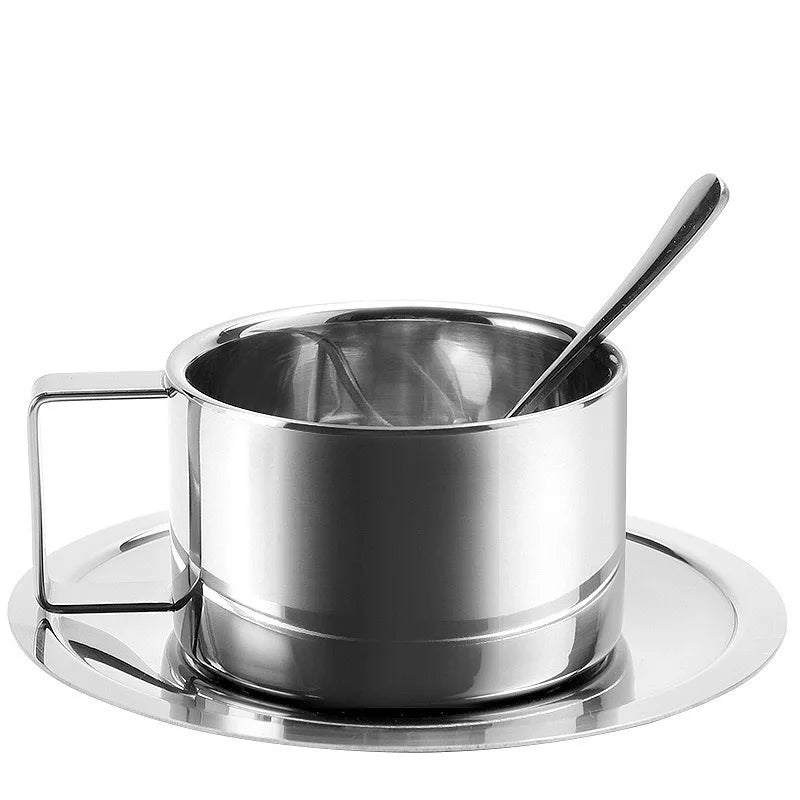 Coffee Cup Set with Spoon and Saucer, Made of 304 Stainless Steel, Double-layer Heat-insulating Mug, for Home, Cafe, Restaurant Oasis Select