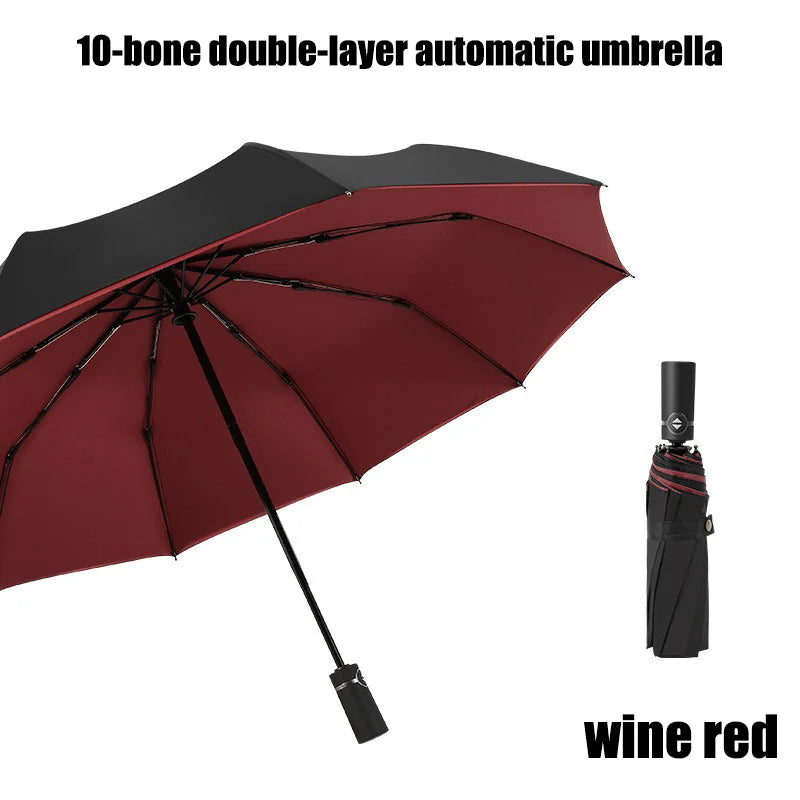 Fully automatic solid-color double-layered thickened windproof folding umbrella with 10 ribs provides sun and rain protection. Oasis Select wine red 10K