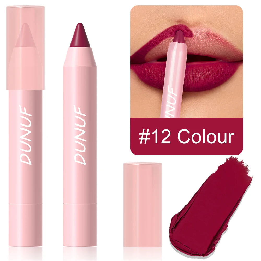 DUNUF 1 Pcs Matte Lip Liner Velvet Lip Gloss Waterproof Long-Lasting Easy to Color Music Festival Ready Lip Makeup for Lipstick Oasis Select 12 Full Size