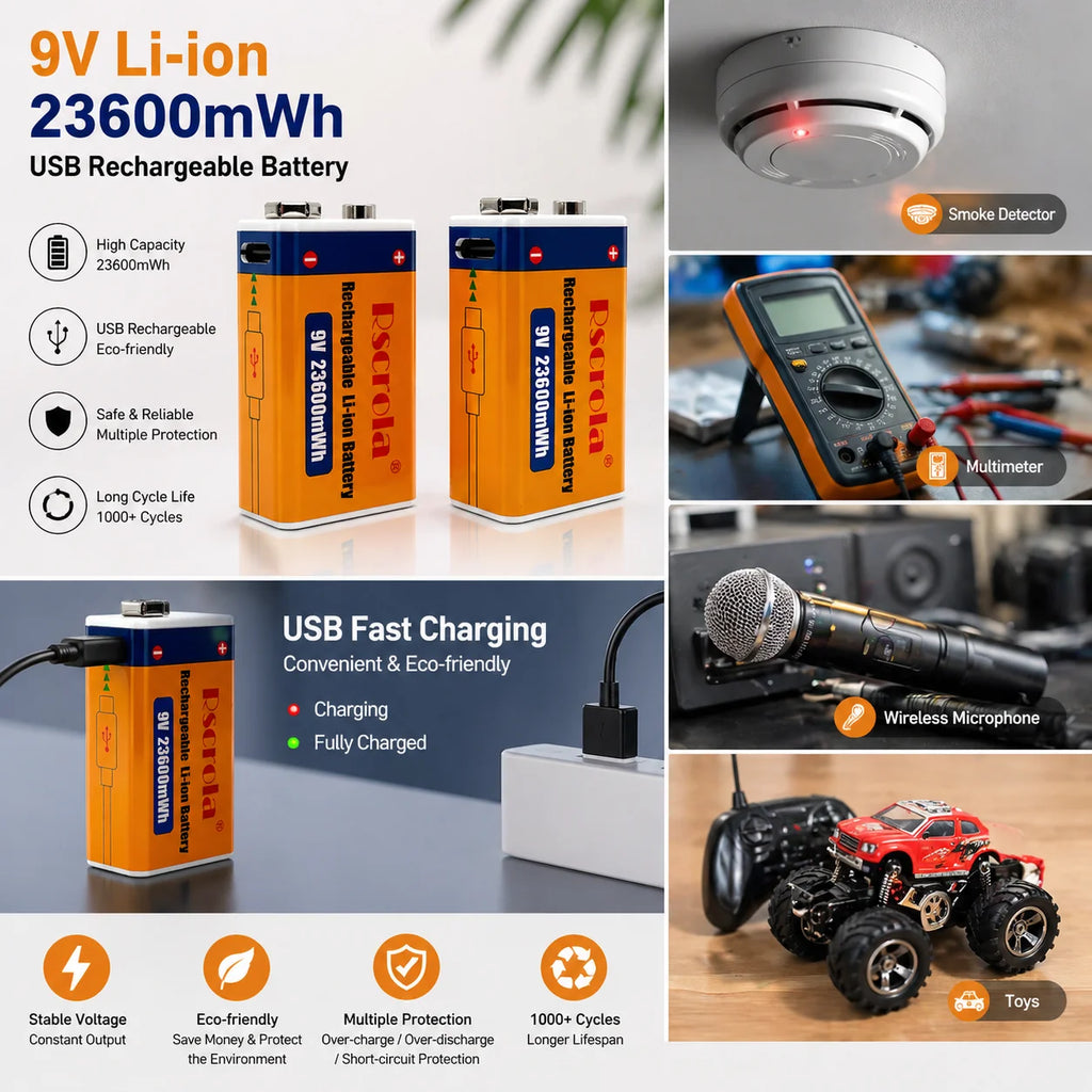 9V Li-ion Rechargeable Battery 23600mWh USB Type-C Charging 9Volt Batteries for Microphone Guitar EQ Multimeter MicrophoneToys Oasis Select