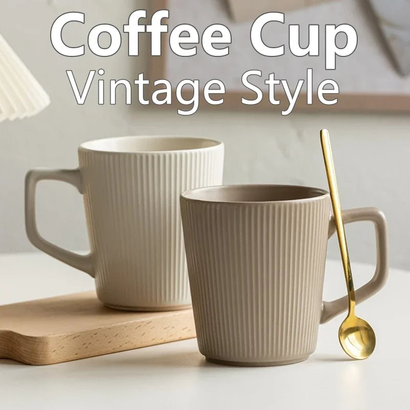 Coffee Cup Vintage Style Striped with Handle Simple Ceramic High Capacity Milk Breakfast Mug for Household Office Water Cup Oasis Select