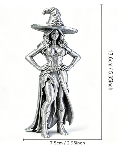 Fantasy Mini Witch Figurine 3D Printed Witch Statue Magical Ornament Halloween Tabletop Decor Witchcraft Home Desktop Decor Gift Oasis Select Witch Silver