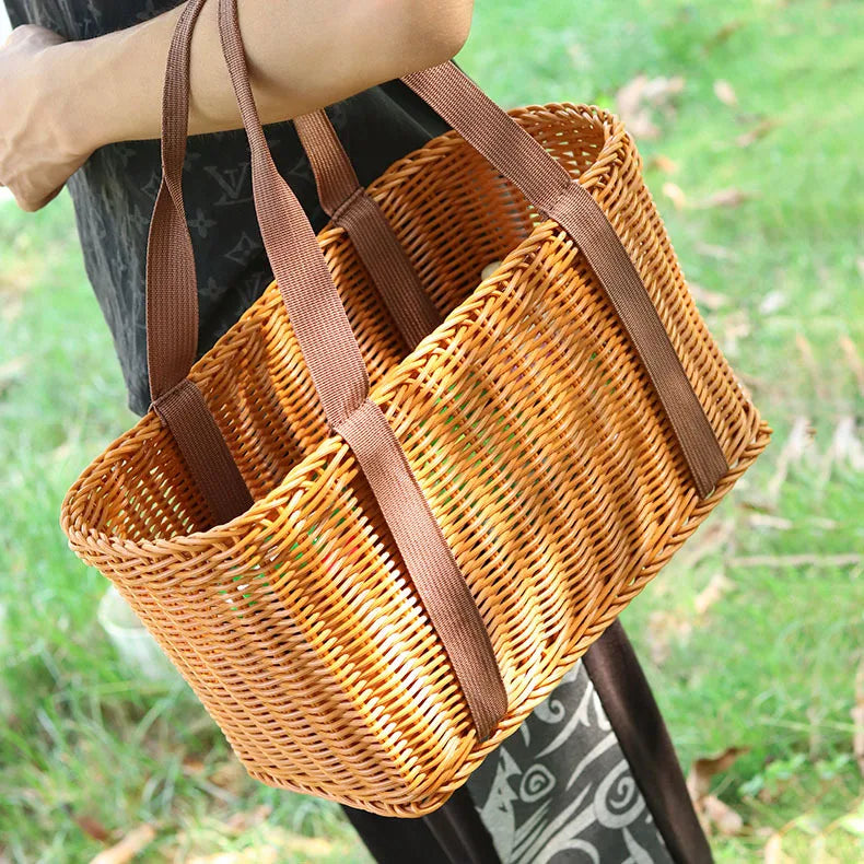 Large Handwoven Storage Basket with Lid, Foldable Woven Basket for Shopping, Picnic & Outdoor Use, Home Organization Oasis Select