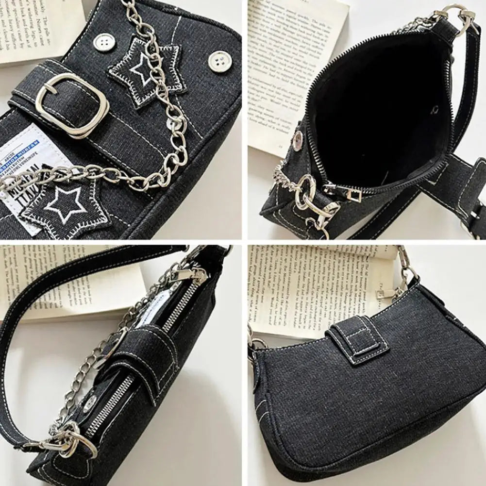 Y2K Canvas Star Pattern Women's Shoulder Bag | Chain Tote