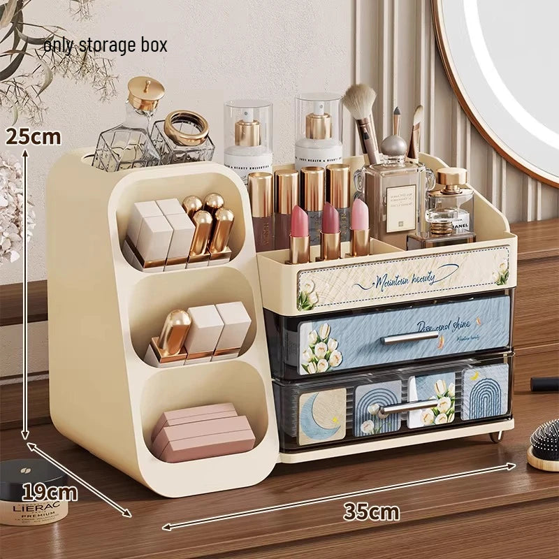 Dressing Table Storage Box Desktop Antique Style Cosmetics Dust-proof Drawer Style Organizing Box Lipstick Storage Rack Oasis Select blue
