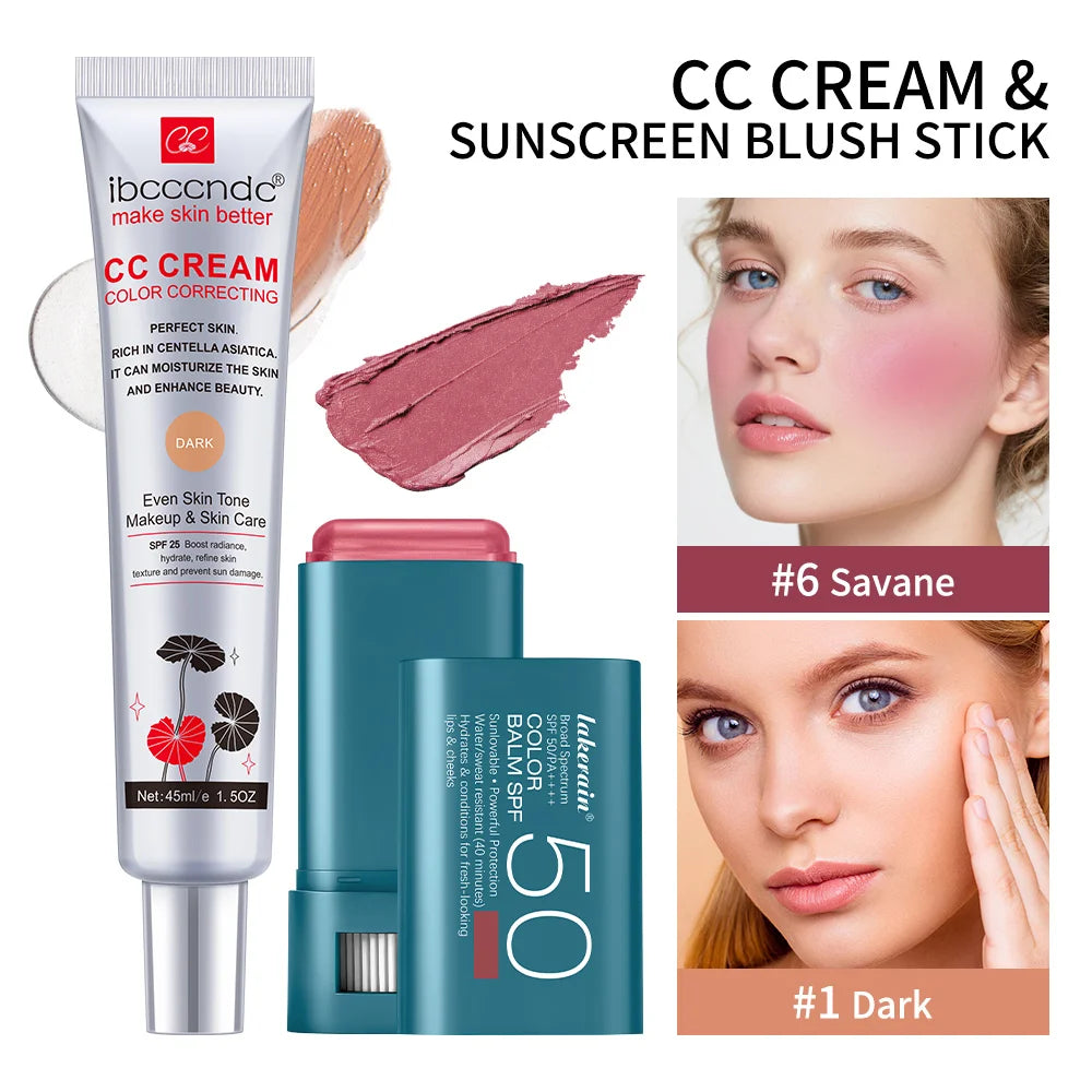 2pcs/set Color Correcting CC Cream & Suncreen Blush Stick Long-Lasting Waterproof Natural Finish Face Makeup Korean Cosmetic Oasis Select SET 5