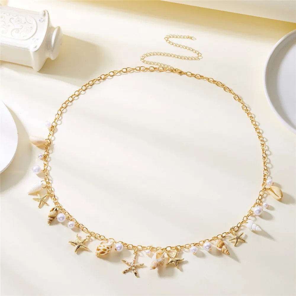 Vacation Bohemian Starfish Necklace Exaggerate Tassel Pendant Waist Chain Pearl Conch Shell Bracelet for Women Oasis Select Starfish Waist Chain