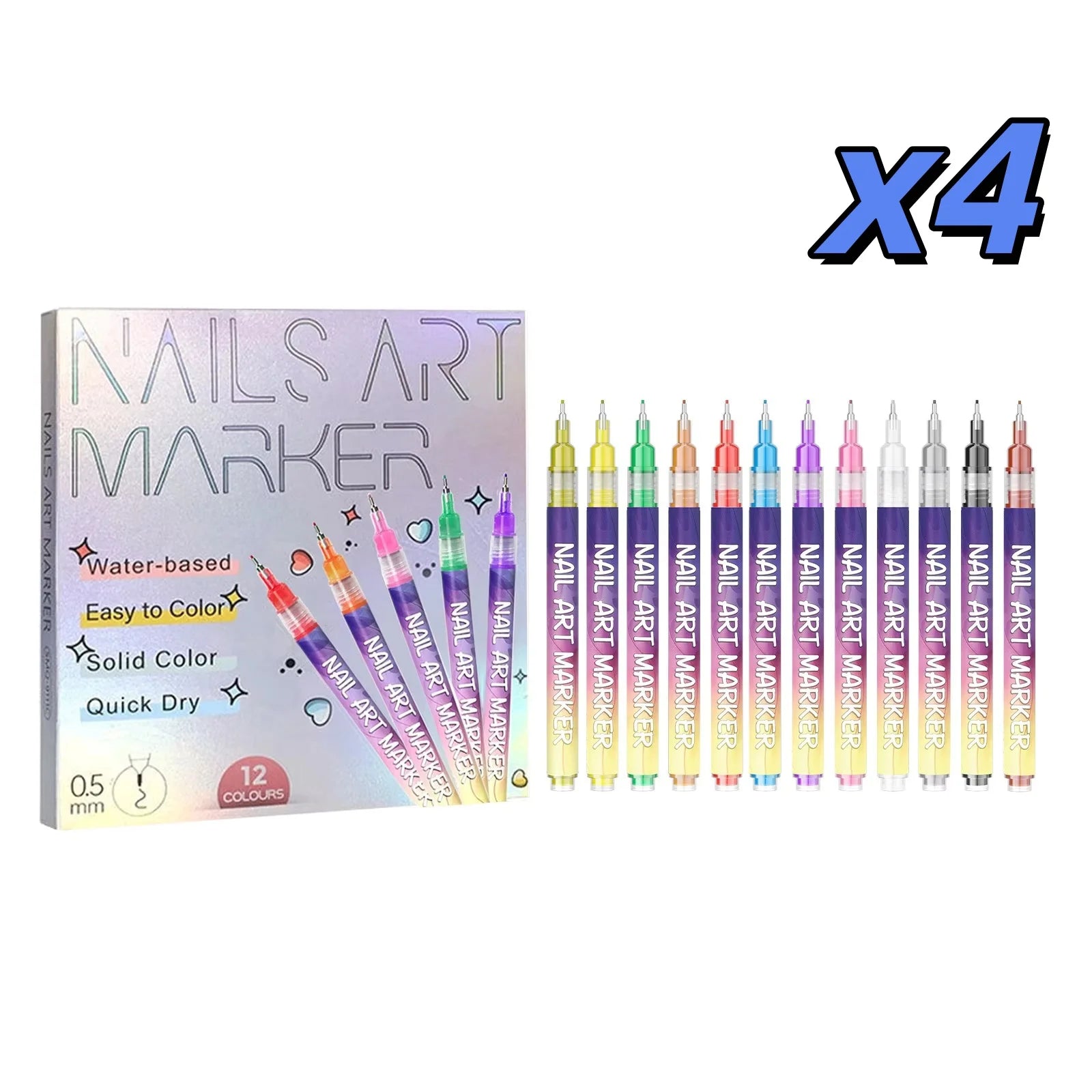 12 Colors Nail Art Marker Pen Set 0.5mm Ultra Fine Water-Based Quick Dry DIY Nail Graffiti Drawing Line Manicure Decoration Tool Oasis Select 12pieces X 4 boxed