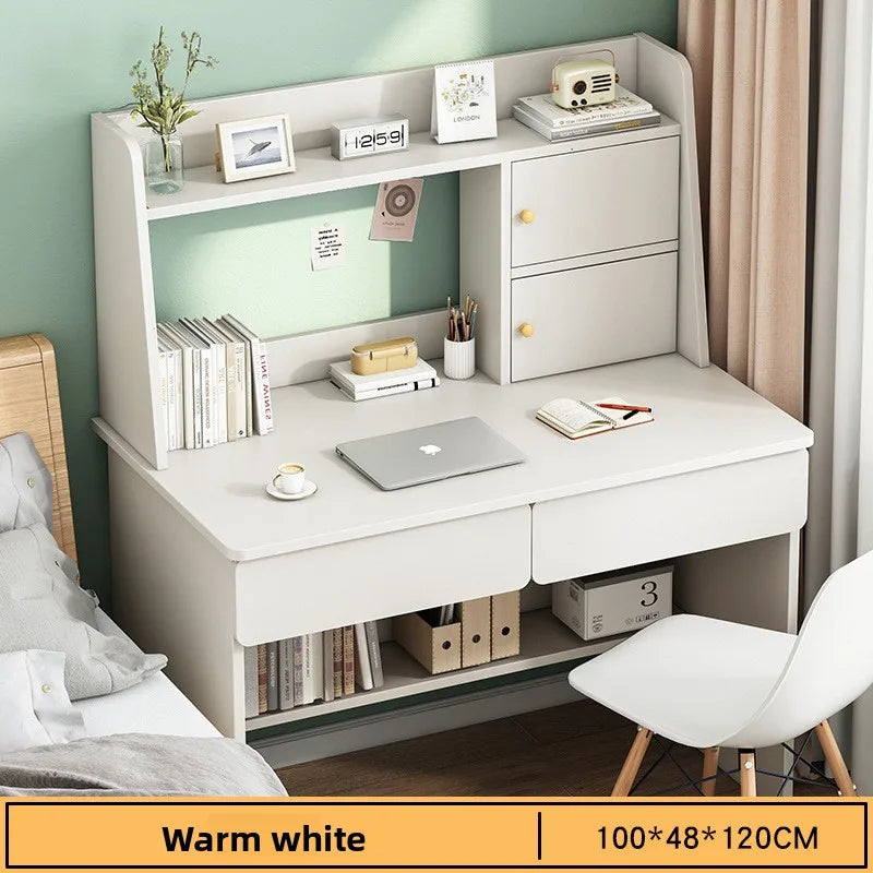 Computer desk desktop bookshelf integrated learning writing desk primary and secondary school students bedroom desk Oasis Select White-100CM-g