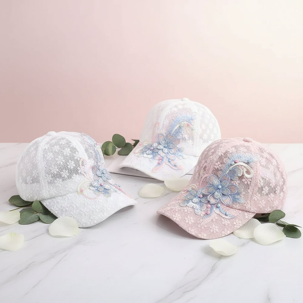 White Pink Lace Baseball Cap Embroidered Flowers Duck Tongue Breathable Baseball Cap Elegant Rebound Cap Hollow Out Baseball Cap Oasis Select