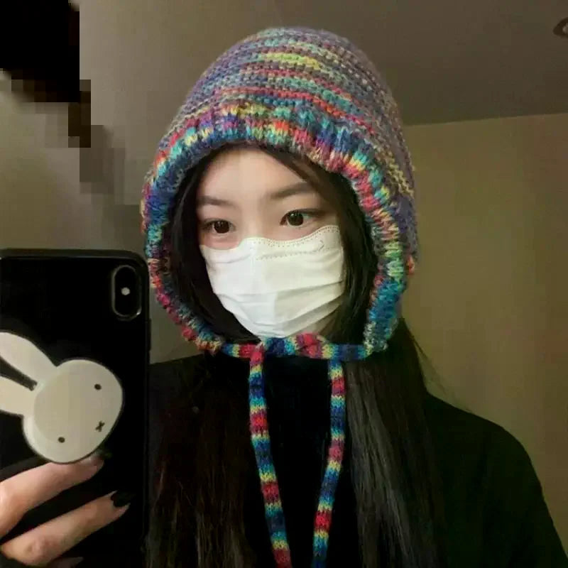Rainbow Knit Beanie Hat – Women's Winter Warm Crochet Cap