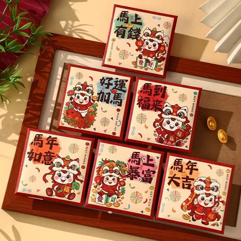 6Pcs Paper 2026 Horse Year Red Envelope Mini Cartoon Lucky Money Bag Traditional Blessing Red Pocket Marriage Celebration Oasis Select A1