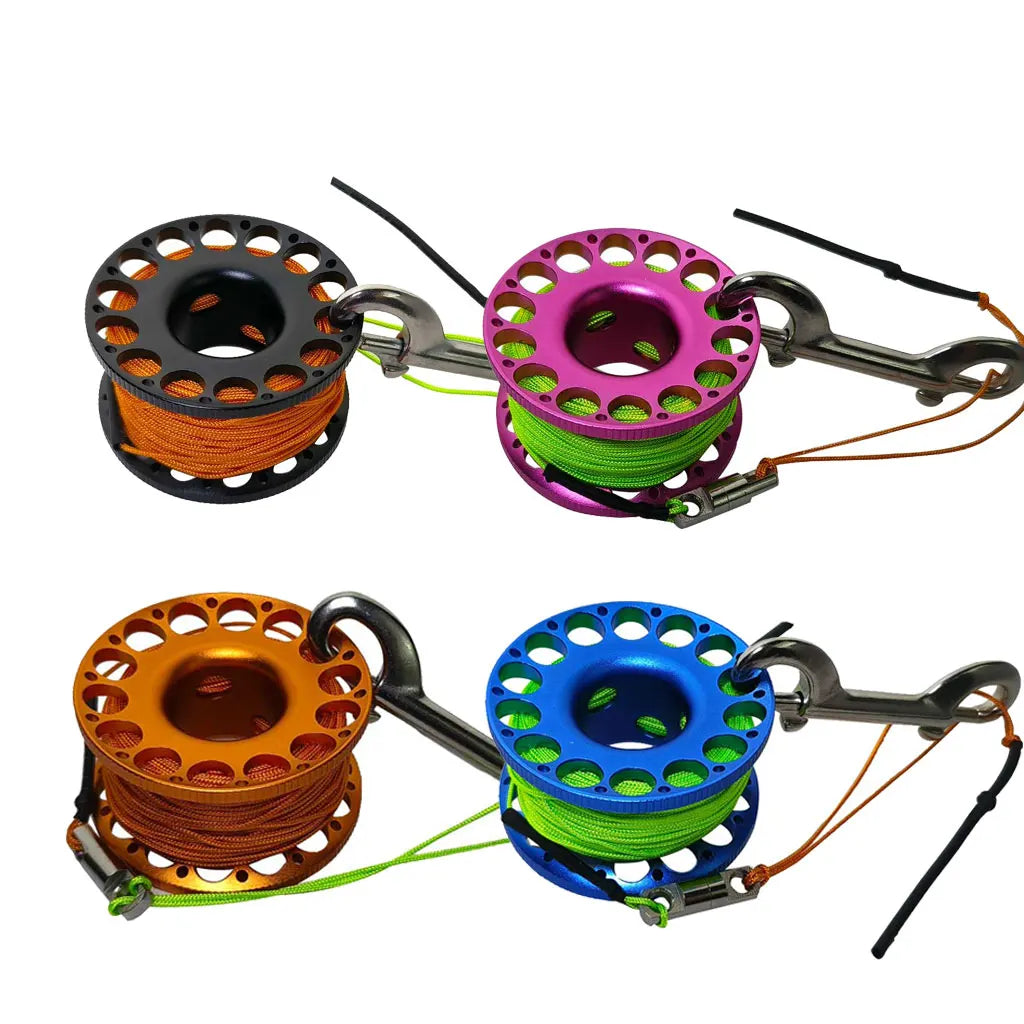 30M Aluminum Alloy Scuba Diving Spool Finger Reel with Stainless Steel double ended hook Cave Tech Wreck Diving Finger Reel Oasis Select