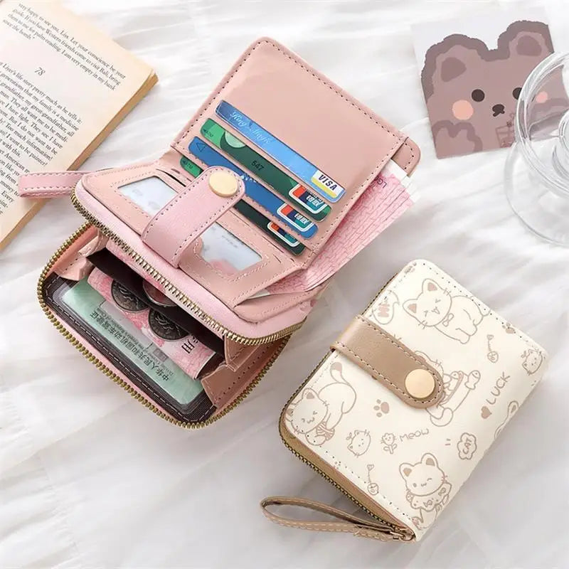 Japanese Cute Cat Girls Wallet Short Student ID Bank Card Holder Money Bag Zipper Wallets For Women Key Storage Purse Coin Purse Oasis Select
