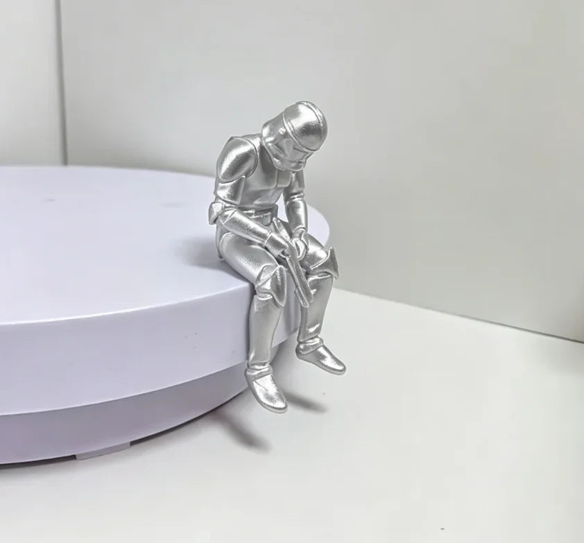 Mini Cool Sitting Soldier Figurine Desktop Hanging Shelf Edge Decor Resin Desk Ornaments for Home Office Bar Quirky Gift for Men Oasis Select Silver gun 10.5x5cm